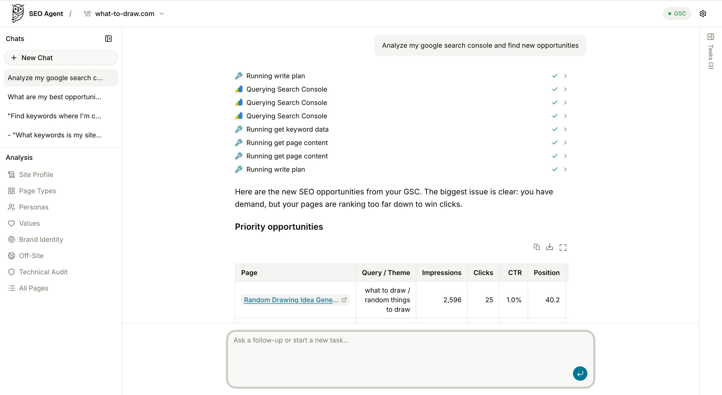 Search Console analysis showing priority opportunities with impressions, clicks, CTR, and position data