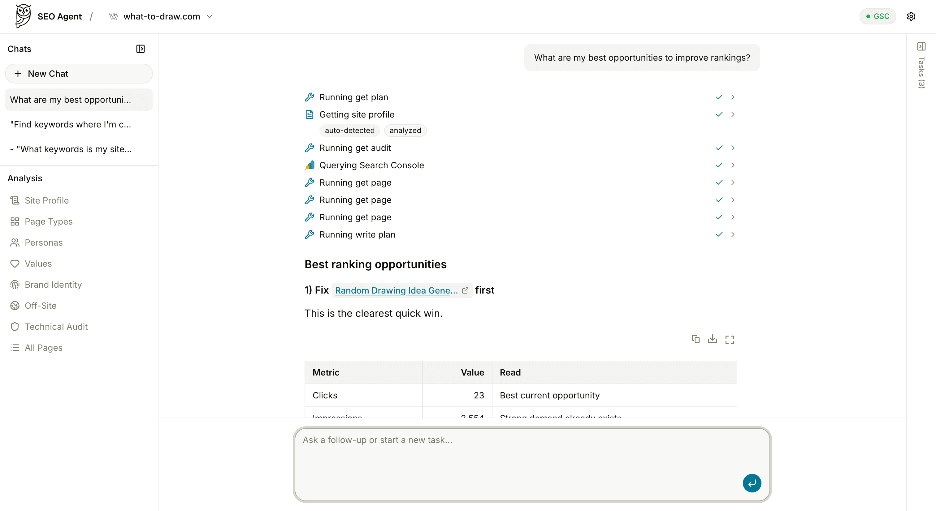 SEO Agent analyzing best ranking opportunities with site profile, audit, and Search Console data