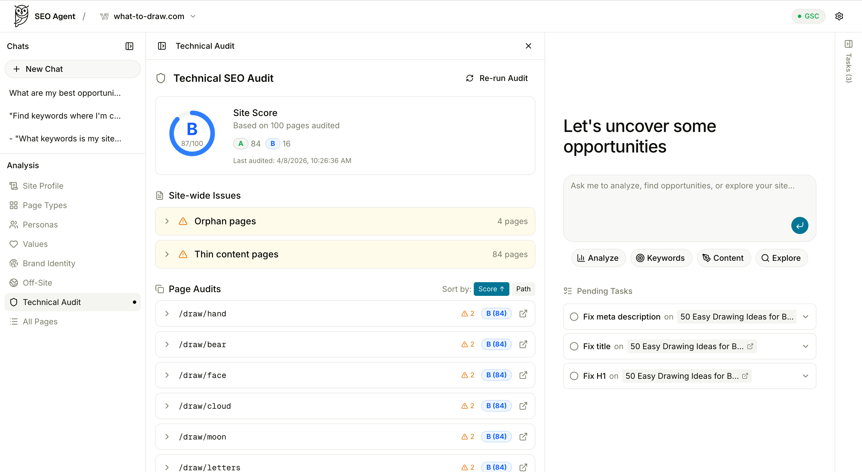 Technical SEO audit dashboard showing site score, site-wide issues, and page-level audits